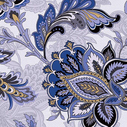Quilt Backing 108" Wide Footstool Blue by Pat Sloan for Benartex - Beautiful Blue and Gold Paisley - Sold by the Yard