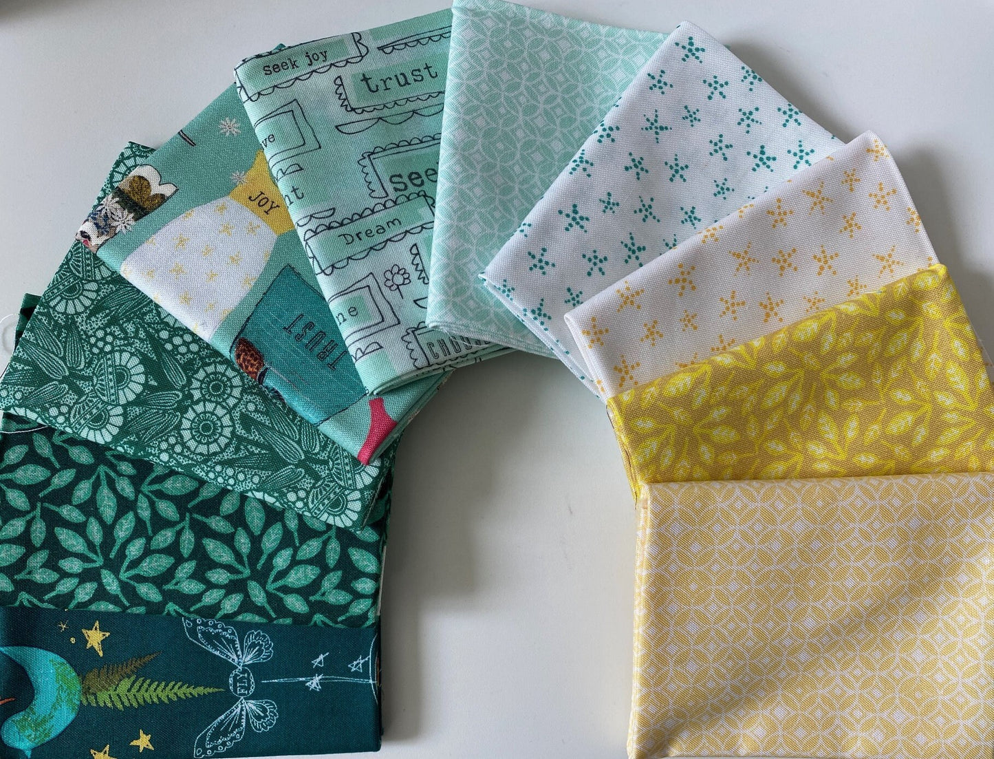 Kelly Rae Roberts INSPIRED HEART Green and Yellow 10 Fat Quarter Fabric Bundle for Benartex Artistry - 10 Different Fat Quarters