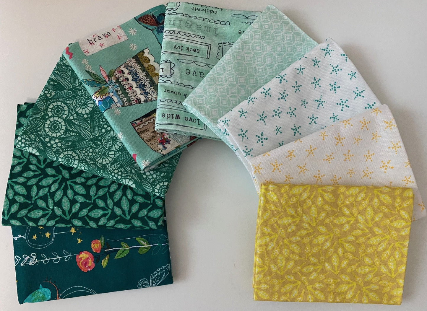 Kelly Rae Roberts INSPIRED HEART Green and Yellow 9 Fat Quarter Fabric Bundle for Benartex Artistry - 9 Different Fat Quarters