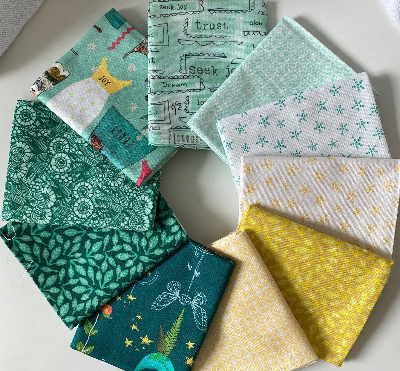 Kelly Rae Roberts INSPIRED HEART Green and Yellow 10 Fat Quarter Fabric Bundle for Benartex Artistry - 10 Different Fat Quarters