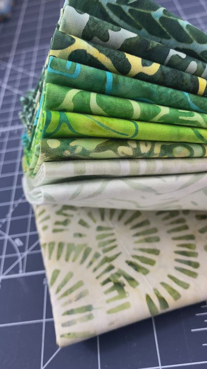 10 Fabric Fat Quarter Bundle Bali Blenders Green Triple Dyed Bali Batiks by Benartex